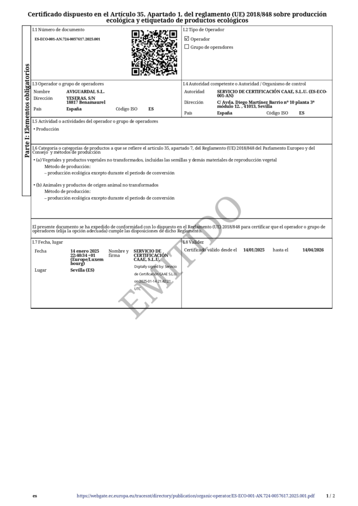 certificado producción ecológica oficial