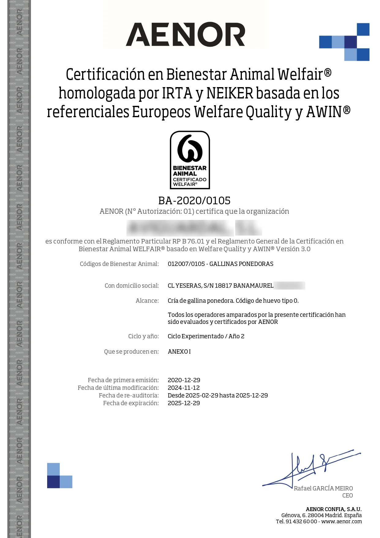 Certificado Bienestar Animal