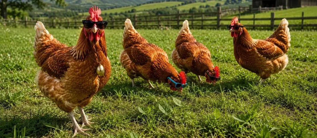 Que comen las gallinas que ponen huevos ecológicos - Grupo de gallinas con flow comiendo brotes frescos en la granja al sol