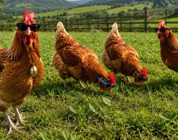 Que comen las gallinas que ponen huevos ecológicos - Grupo de gallinas con flow comiendo brotes frescos en la granja al sol
