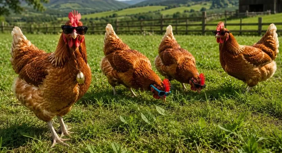 Que comen las gallinas que ponen huevos ecológicos - Grupo de gallinas con flow comiendo brotes frescos en la granja al sol
