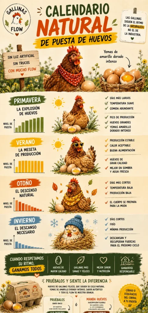 El calendario secreto de las gallinas, ¿cuándo ponen más y mejores huevos? 1 Calendario de producción de huevos Gallinas con Flow infografia