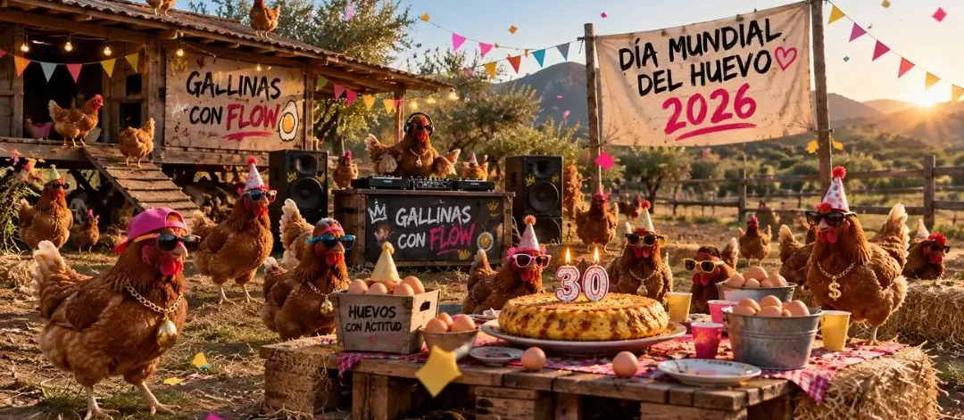 Gallinas felices celebrando el Día Mundial del Huevo 2026 en la granja ecológica, una gallina Dj y el resto con actitud festiva