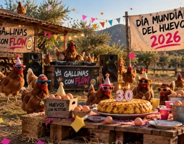Gallinas felices celebrando el Día Mundial del Huevo 2026 en la granja ecológica, una gallina Dj y el resto con actitud festiva