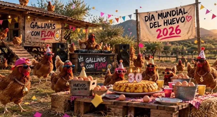 Gallinas felices celebrando el Día Mundial del Huevo 2026 en la granja ecológica, una gallina Dj y el resto con actitud festiva