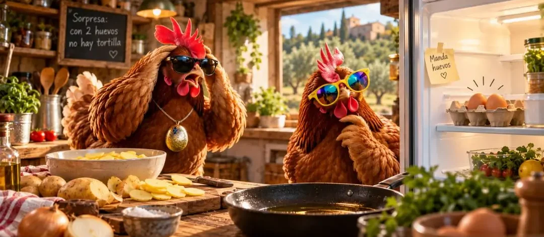 Gallinas preparando una tortilla de patatas con la nevera abierta y sin huevos