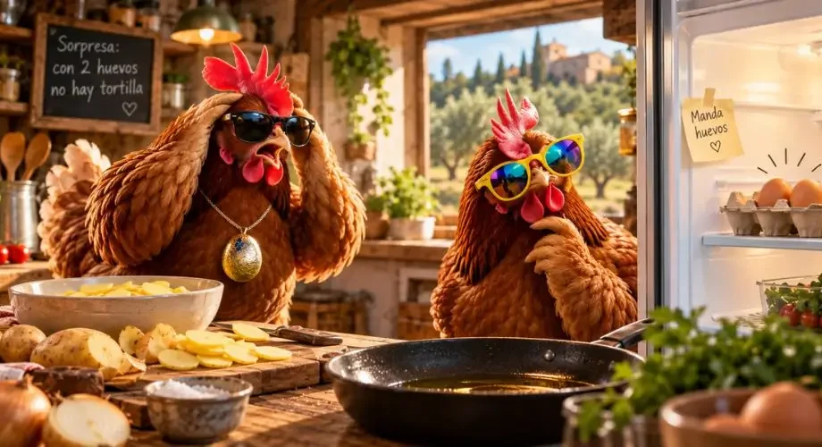 Gallinas preparando una tortilla de patatas con la nevera abierta y sin huevos